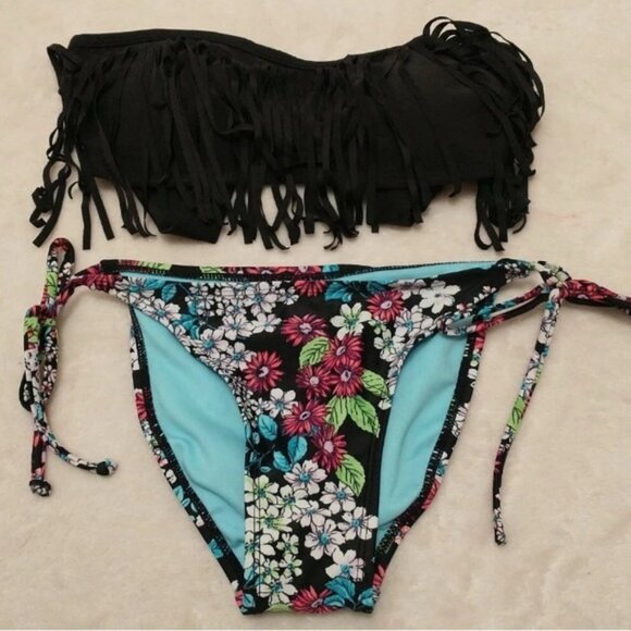 Xhilaration Black Fringe Bikini with Colorful Floral Bottom - Picture 12 of 12